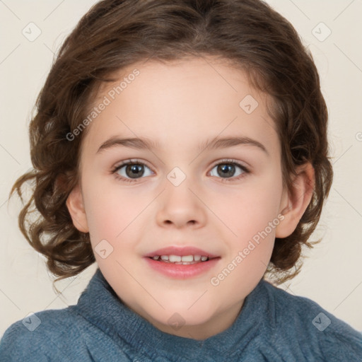 Joyful white child female with medium  brown hair and brown eyes