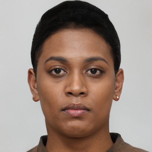 Neutral black young-adult female with short  brown hair and brown eyes