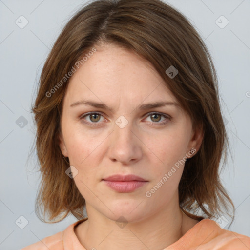 Neutral white young-adult female with medium  brown hair and brown eyes