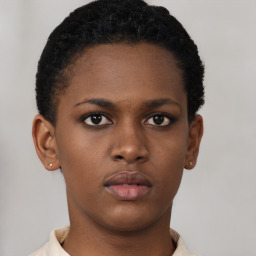 Neutral black young-adult female with short  brown hair and brown eyes