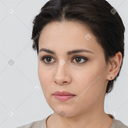 Neutral white young-adult female with medium  brown hair and brown eyes