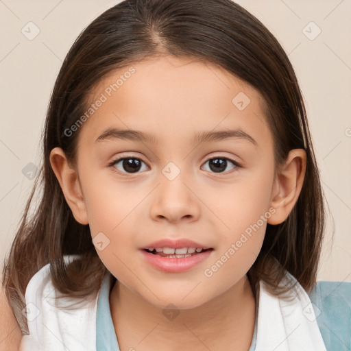 Joyful white child female with medium  brown hair and brown eyes