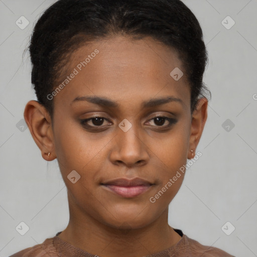 Neutral black young-adult female with short  brown hair and brown eyes