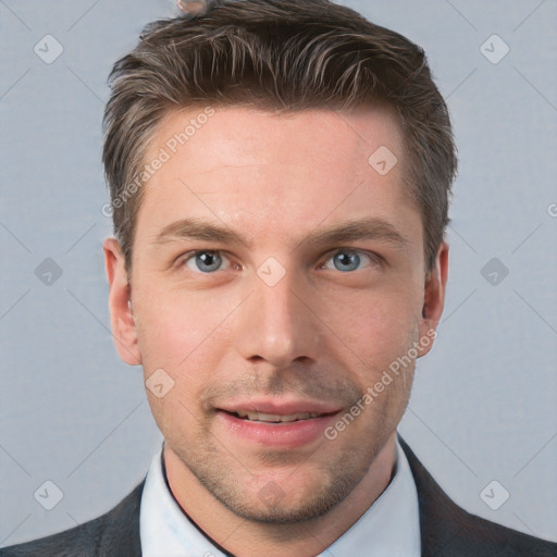 Neutral white young-adult male with short  brown hair and grey eyes