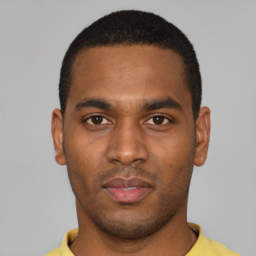 Neutral black young-adult male with short  black hair and brown eyes