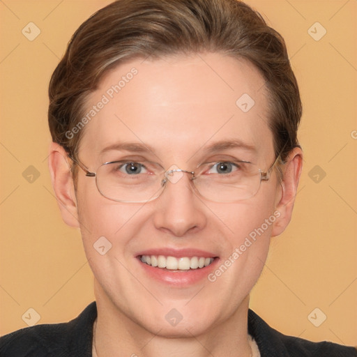 Joyful white adult female with medium  brown hair and grey eyes