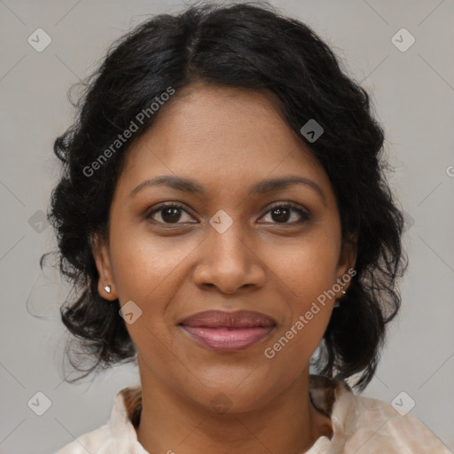 Joyful black young-adult female with medium  brown hair and brown eyes