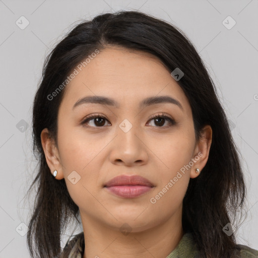 Joyful latino young-adult female with medium  brown hair and brown eyes