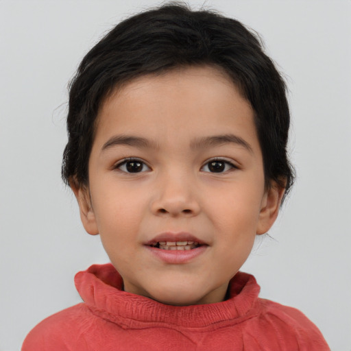 Joyful white child female with short  brown hair and brown eyes