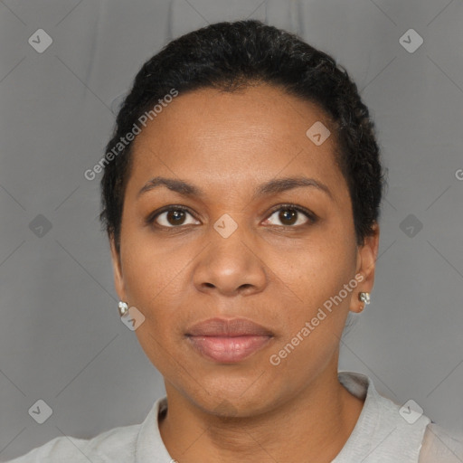 Neutral black young-adult female with short  black hair and brown eyes