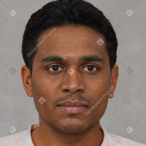 Neutral black young-adult male with short  black hair and brown eyes