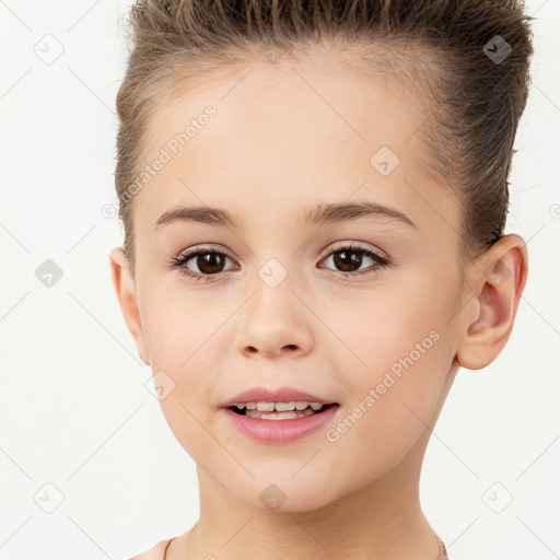 Joyful white child female with short  brown hair and brown eyes