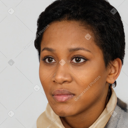 Neutral black young-adult female with short  black hair and brown eyes