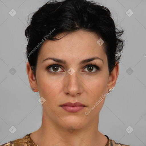 Neutral white young-adult female with short  brown hair and brown eyes