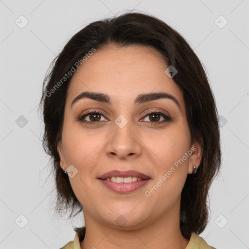 Joyful white young-adult female with medium  brown hair and brown eyes