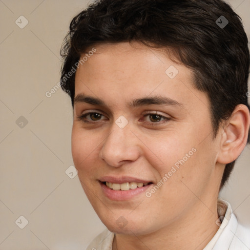 Joyful white young-adult female with short  brown hair and brown eyes