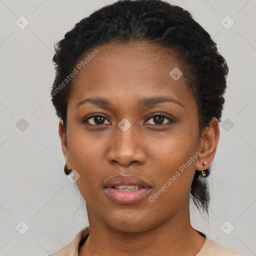 Neutral black young-adult female with short  black hair and brown eyes