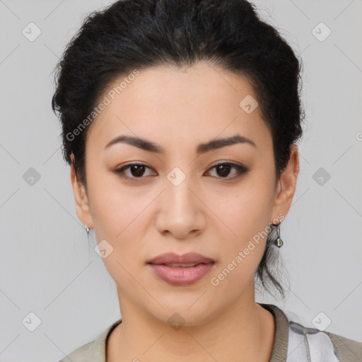 Joyful latino young-adult female with medium  black hair and brown eyes