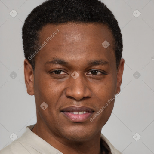 Joyful latino young-adult male with short  brown hair and brown eyes