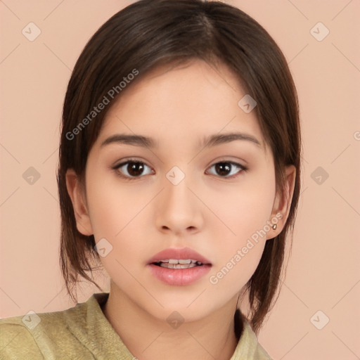 Neutral white young-adult female with medium  brown hair and brown eyes