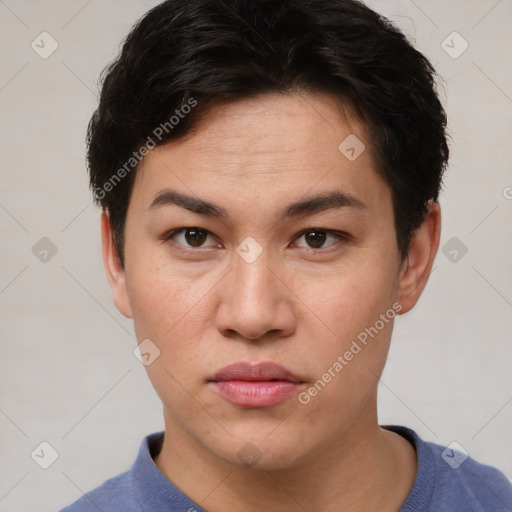 Neutral white young-adult female with short  brown hair and brown eyes