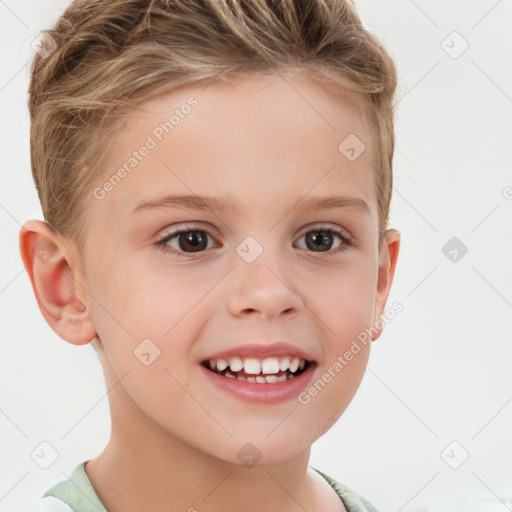 Joyful white child female with short  brown hair and brown eyes