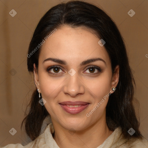 Joyful latino young-adult female with medium  brown hair and brown eyes