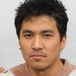 Neutral asian young-adult male with short  black hair and brown eyes