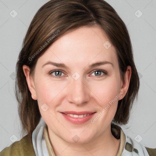 Joyful white young-adult female with medium  brown hair and blue eyes