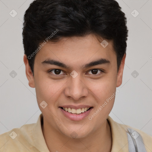 Joyful latino young-adult male with short  brown hair and brown eyes