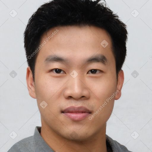 Neutral asian young-adult male with short  black hair and brown eyes