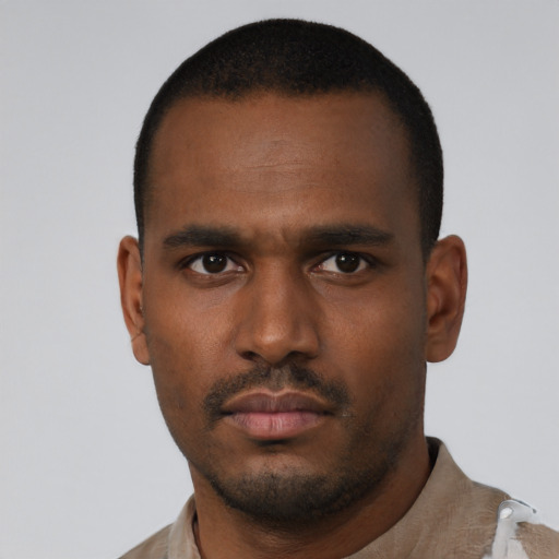 Neutral black young-adult male with short  black hair and brown eyes