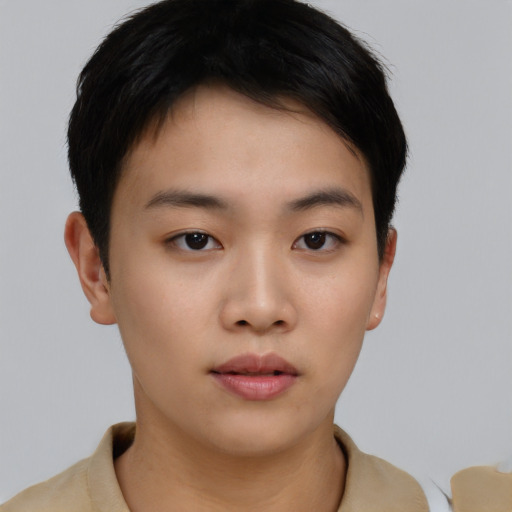 Neutral asian young-adult female with short  brown hair and brown eyes