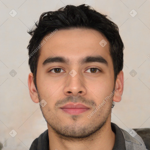 Neutral latino young-adult male with short  black hair and brown eyes