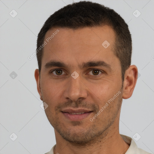 Neutral white young-adult male with short  brown hair and brown eyes