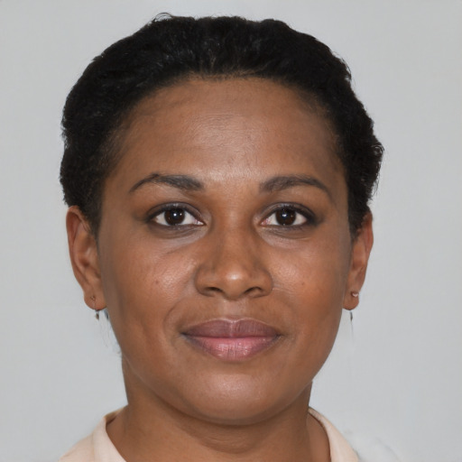 Joyful black adult female with short  brown hair and brown eyes
