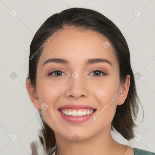 Joyful white young-adult female with medium  brown hair and brown eyes