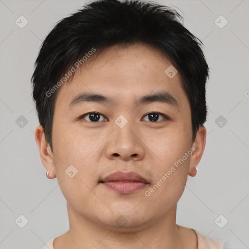 Neutral asian young-adult male with short  brown hair and brown eyes