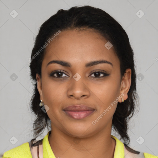 Joyful latino young-adult female with short  black hair and brown eyes