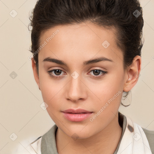 Neutral white young-adult female with short  brown hair and brown eyes