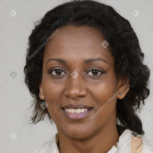 Joyful black adult female with medium  brown hair and brown eyes