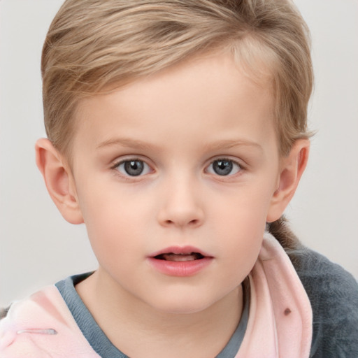 Neutral white child female with short  brown hair and grey eyes