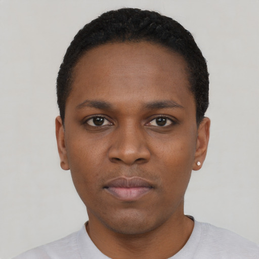 Neutral black young-adult male with short  black hair and brown eyes