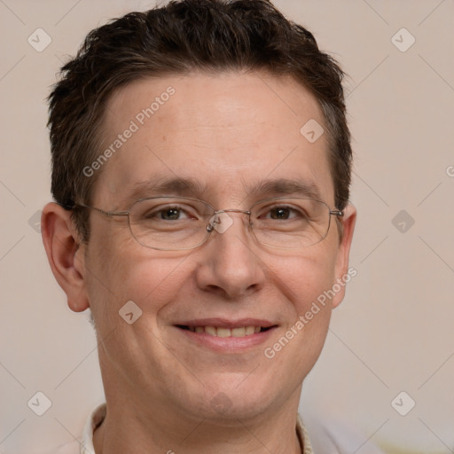 Joyful white adult male with short  brown hair and grey eyes