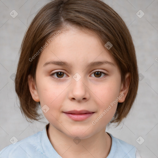 Joyful white child female with medium  brown hair and brown eyes