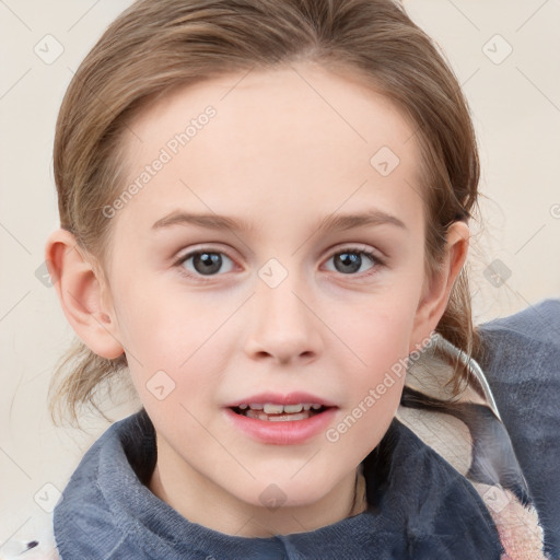 Joyful white child female with medium  brown hair and blue eyes