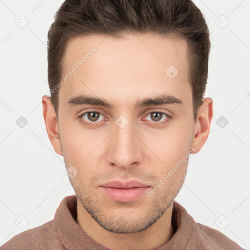 Neutral white young-adult male with short  brown hair and brown eyes