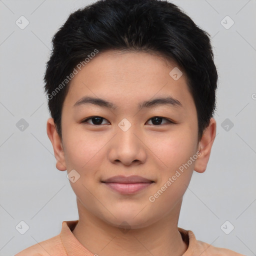 Joyful asian young-adult female with short  black hair and brown eyes