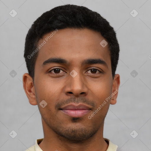 Neutral latino young-adult male with short  black hair and brown eyes