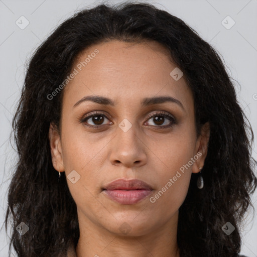 Joyful latino young-adult female with long  brown hair and brown eyes